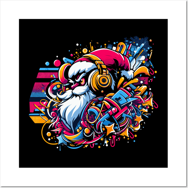 Santa Claus with headphones on his ears listening to music. Wall Art by T-Shirt Paradise